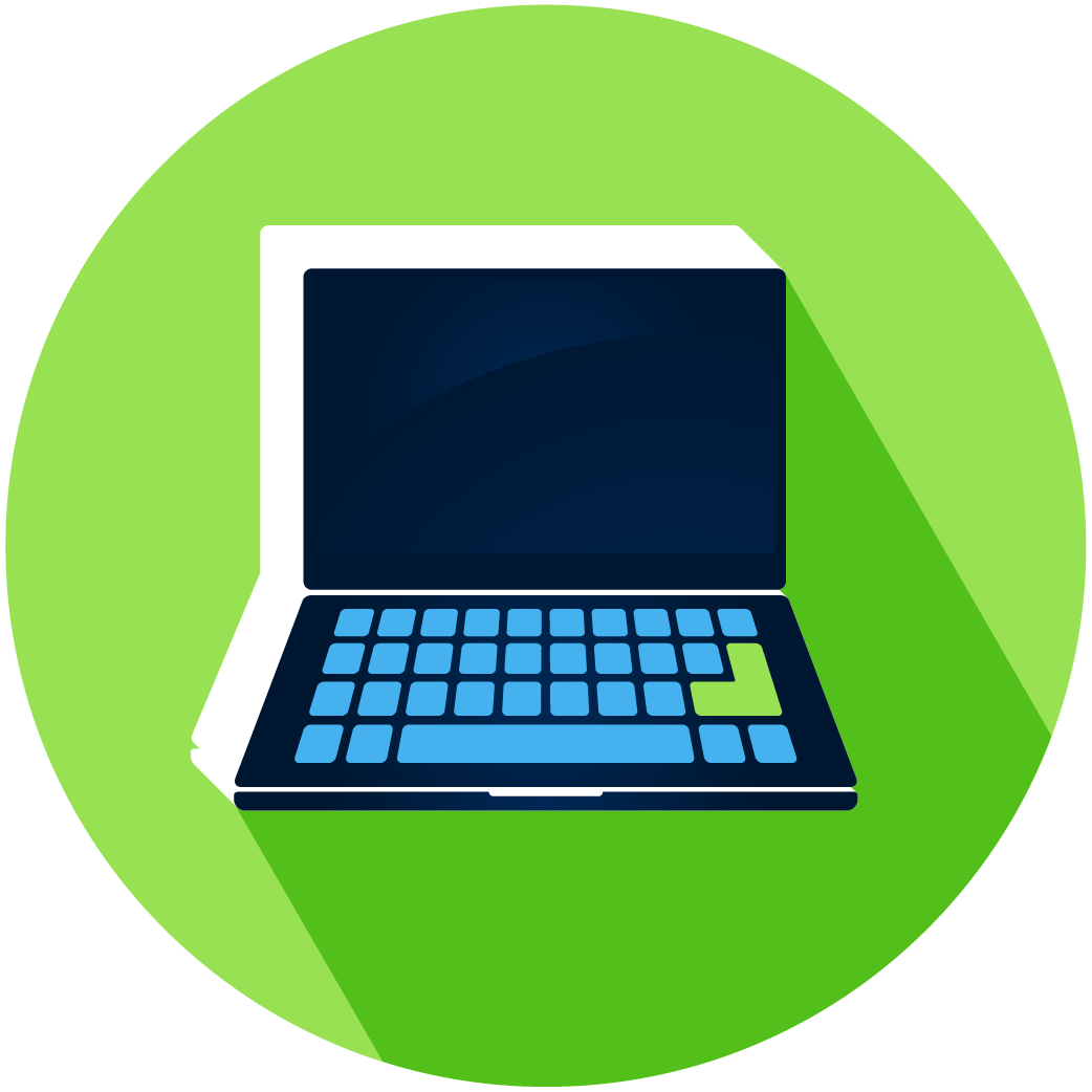 Stylized icon of an open laptop with a dark screen, blue keys, and a prominent green key, set within a vibrant green circle.